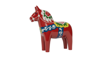 A classic red Dala horse, a Swedish folk art wooden figurine, vibrantly decorated with intricate white, blue, yellow, and green floral patterns. background removed