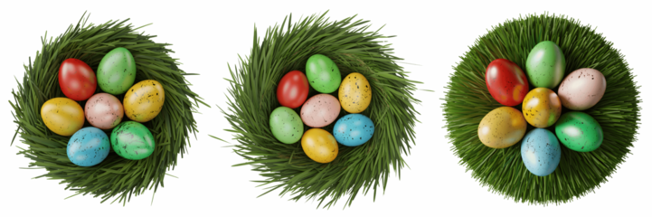 Three easter egg nests with colorful eggs isolated on transparent background