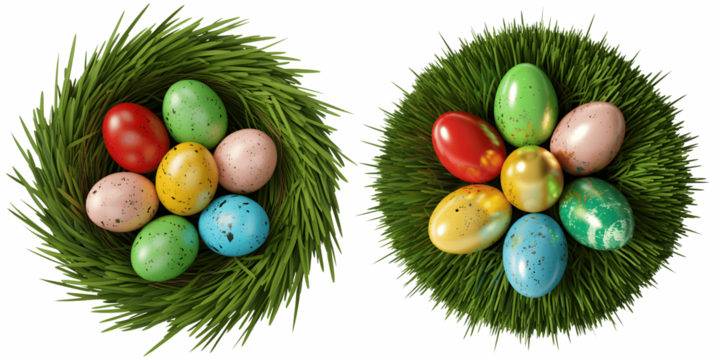 Two easter egg nests with colorful eggs isolated on transparent background