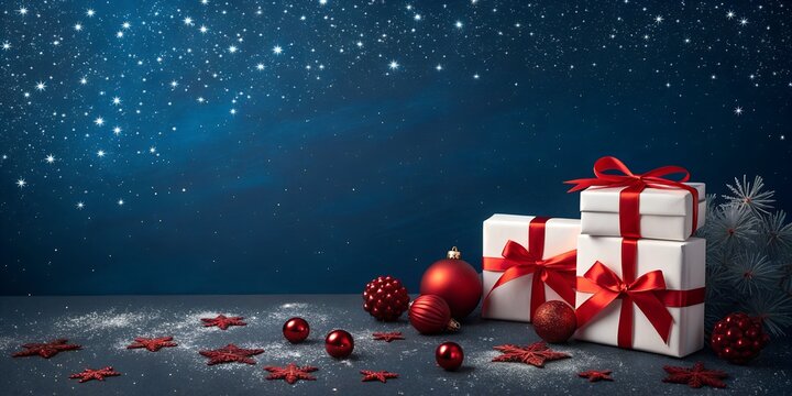 A festive christmas background with gifts, red ornaments, and starry blue night sky with copy space - Powered by Adobe