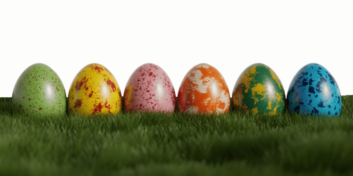 Colorful easter eggs arranged in a row on green grass isolated on transparent background - Powered by Adobe