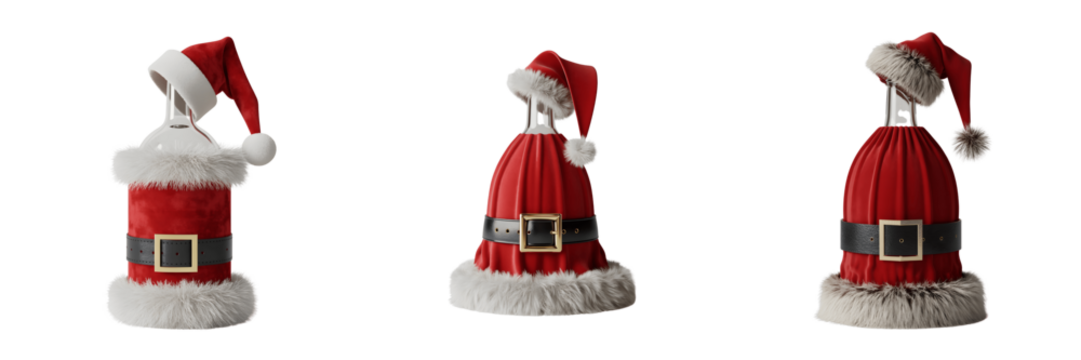 Three santa claus figures from different angles isolated on transparent background