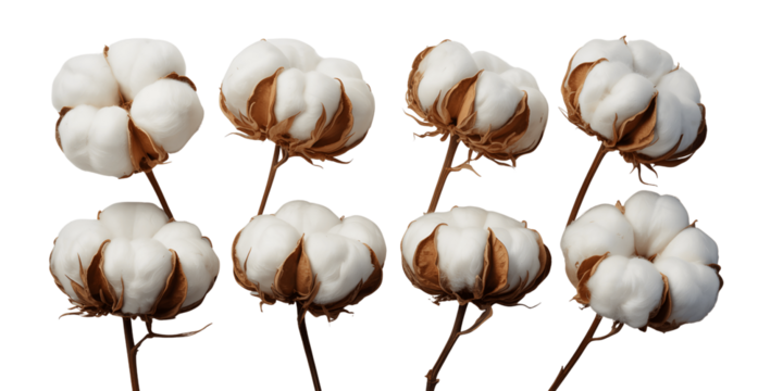 Eight fluffy cotton bolls on stems isolated on transparent background