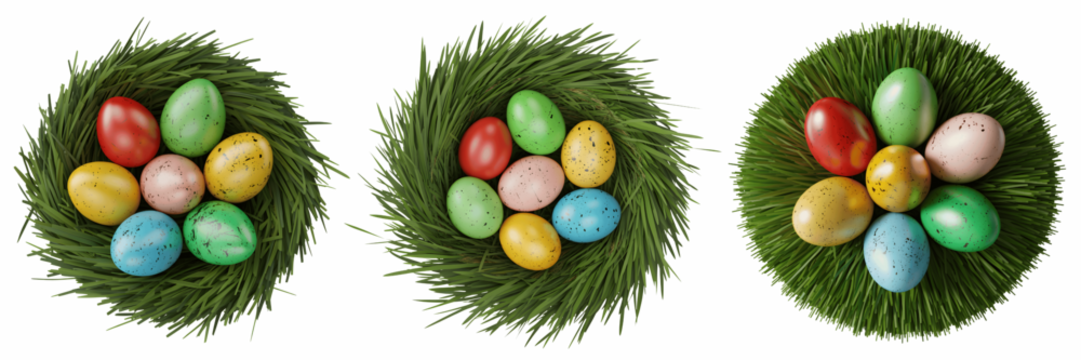 Three easter egg nests with colorful eggs isolated on transparent background - Powered by Adobe