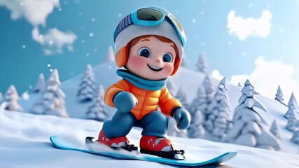 A 3D animated character skiing in a snowy landscape. The character is wearing a bright orange jacket, blue pants, and red ski boots, and is equipped with a pair of goggles.