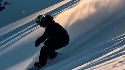 A snowboarder is captured midride against a backdrop of a snowy mountain slope. The scene is bathed in the golden light of the setting or rising sun.