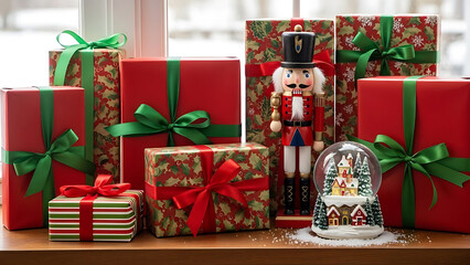 Festive display of vibrantly wrapped Christmas presents, complemented by a traditional nutcracker figurine and a charming winter snow globe, evoking holiday cheer