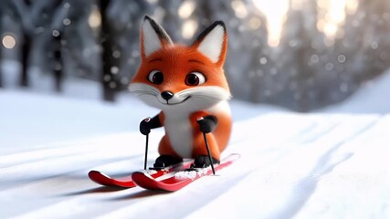 A 3D animated fox character is skiing in a snowy forest setting. The fox is depicted in a side profile, with its ears perked up, eyes wide open, and a focused expression.