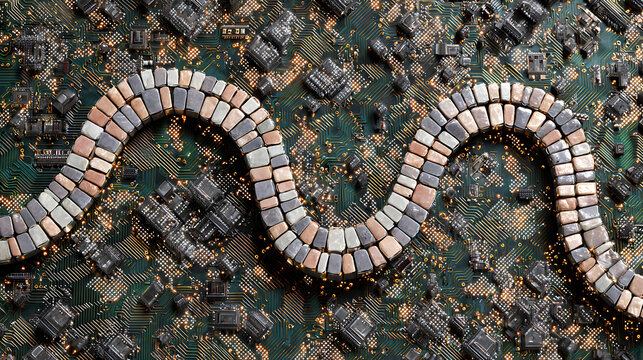 Conceptual technology art featuring a snake-like metallic structure made of small components winding across a complex circuit board.