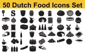 Collection of Black and White Dutch Food Icons Featuring Traditional Snacks and Dishes in Vector Format Depicting Culture and Cuisine