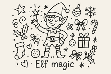 Whimsical Elf Magic. Elf magic. Hand-drawn doodle illustration of Elf magic. Central doodle (whimsical elf)