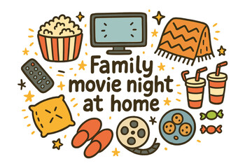 Cozy Family Movie Night. Family movie night at home. Hand-drawn doodle illustration of Family movie night at