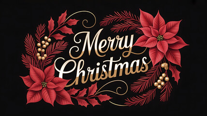 Merry christmas text with red poinsettias and berries on a black background design art