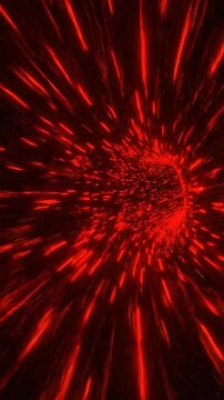 Rapid flight through a dark, digital pathway constructed of infinitely repeating red matrix lines suggesting a constrained thought process cyber, tunnelvision, pathway