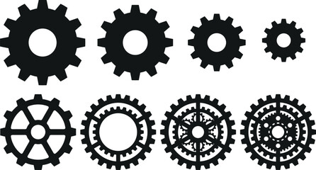 Gear and Cogwheel Mechanical Silhouette Icons Set, Technology, Mechanism, Engineering, Industry, Engine Parts, Machinery, Flat Vector Illustration Collection