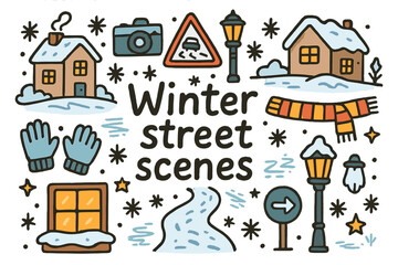 Naklejka premium Winter Street Doodles. Winter street scenes. Hand-drawn doodle illustration of Winter street scenes. camera,