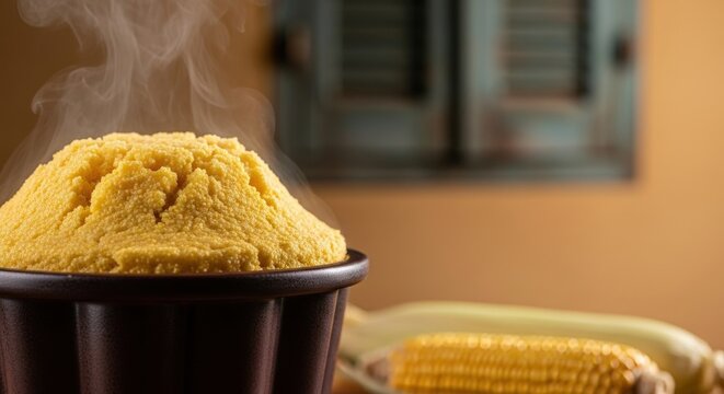 Steamed Cape Verdean Cuscuz de Milho in Ceramic Mold &ndash; Cornmeal Cake with Corn Cob & Colonial Shutter, Warm Home Light