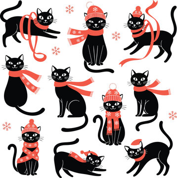 A collection of cute black cat illustrations wearing winter hats and scarves. Festive holiday artwork features various cat poses with a winter theme