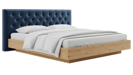 Elegant blue velvet upholstered bed with wooden frame isolated PNG, modern bedroom furniture for interior design and home decor