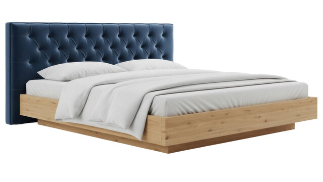 Elegant blue velvet upholstered bed with wooden frame isolated PNG, modern bedroom furniture for interior design and home decor - Powered by Adobe