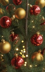 Green Holiday Background with Shiny Ornaments and Lights 
