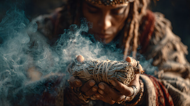 Faceless shaman conducting traditional smudging ceremony defocused smoking herbs background spiritual purification ritual healing practice indigenous tradition ceremonial