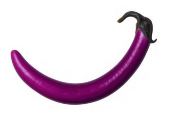 Curved purple eggplant with green stem on transparent background, fresh aubergine vegetable ingredient