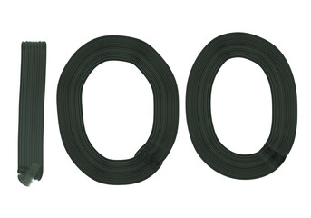 Number One hundred, 100 made with Plaster Rake Brush on transparent background, Digit, Black color, Dark-green color, isolated background, Illustration, Typography, Handmade, Set 0-100