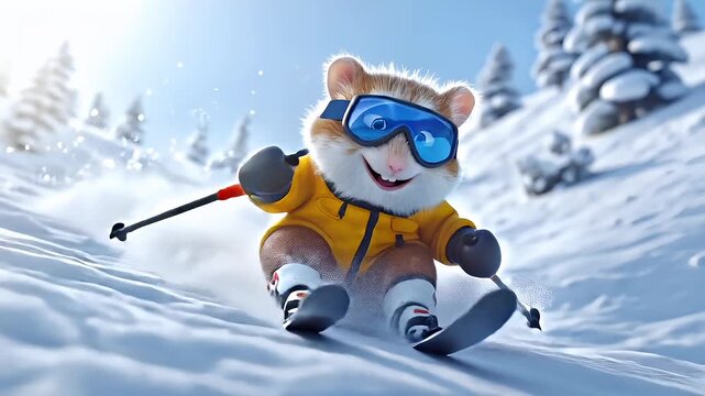 A 3D rendered, animated squirrel character skiing in a snowy landscape. The squirrel is wearing a yellow jacket and blue goggles, and is captured in a dynamic pose as it skis down a snowy slope.