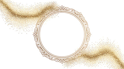 Ornate golden frame with swirling glitter on a white background for elegant design use