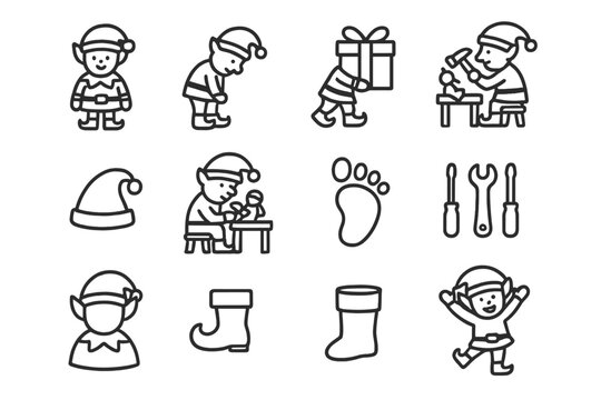 Workshop Elves Icons. Workshop elves. Line outline icon set of Workshop elves: standing elf, bending elf,