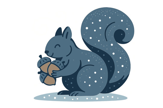 Squirrel's Winter Gathering. Squirrel&rsquo;s winter bounty. A squirrel grips multiple acorns, snow swirling in