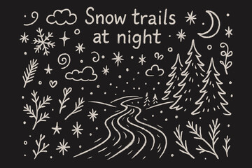 Snowy Night Doodle. Snow trails at night. Hand-drawn doodle illustration of Snow trails at night. Central