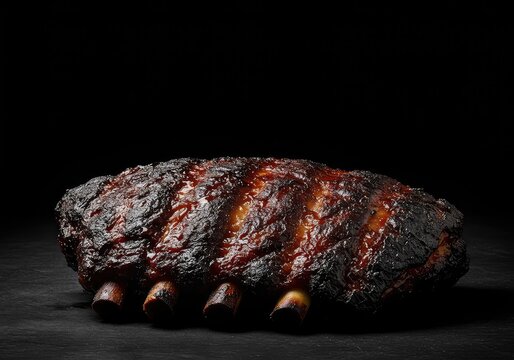 Dark, caramelized barbecue meat showcasing a crispy, slightly burnt exterior that locks in rich, smoky, and intensely savory flavors ,background ,outdoor cooking ,crust