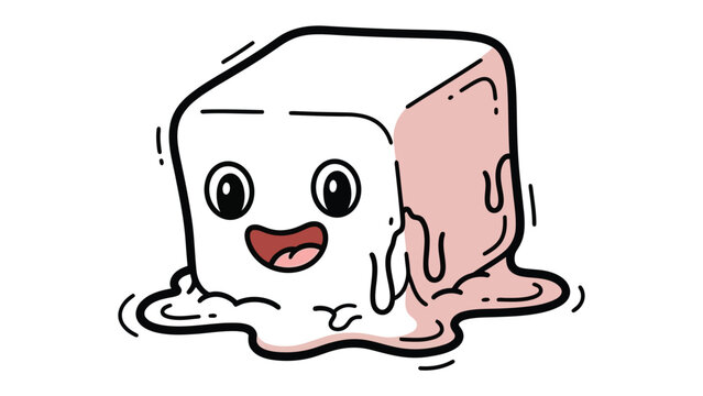 Smiling Ice Cube: A whimsical illustration of a smiling ice cube, melting into a puddle, embodying the transient nature of things and the joy of simple pleasures. 