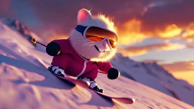 A 3D animated character skiing on a snowy mountain slope during sunset. The character is wearing goggles and a red jacket, and is equipped with ski poles.