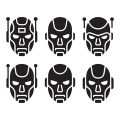 AI Robot Head Silhouette Icon Sheet – 8 Premium Artificial Intelligence Faces, Black Vector