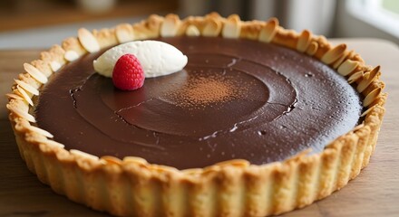 Decadent chocolate tart with fresh raspberry and cream topping on a wooden surface.