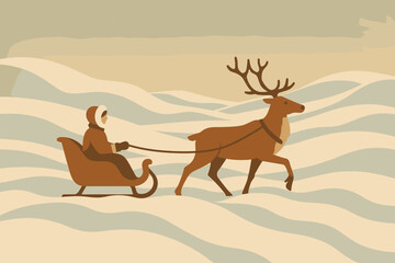 Reindeer Sleigh Adventure. Snow drift adventure minimalist flat illustration of a reindeer sleigh gliding