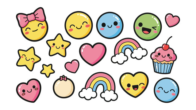 Sweet Emoticons Galore: A vibrant collection of kawaii emoticons. From smiling faces, stars and love hearts, this cheerful ensemble embodies cuteness, positive vibes, and a touch of whimsy.