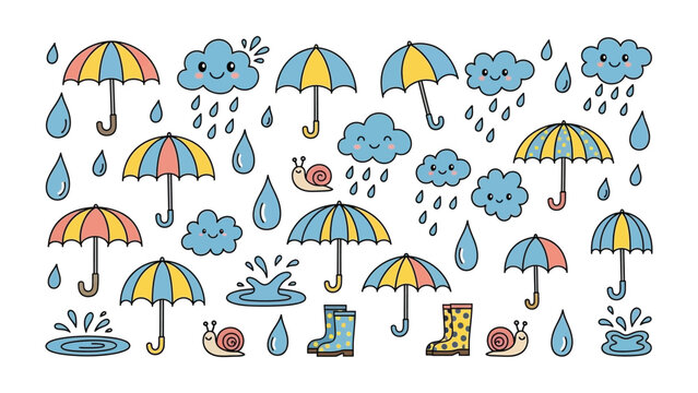Rainy Day Fun: A cheerful scene unfolds with playful umbrellas, smiling rain clouds, gentle raindrops, and whimsical snails, capturing the essence of a lighthearted rainy day. 