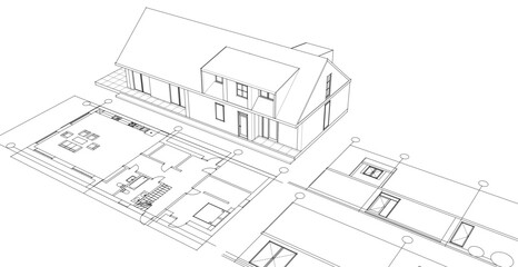 house traditional architecture plan 3d illustration	
