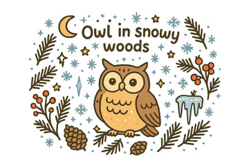 Obraz premium Owl in Snowy Woods. Owl in snowy woods. Hand-drawn doodle illustration of Owl in snowy woods. perched owl,