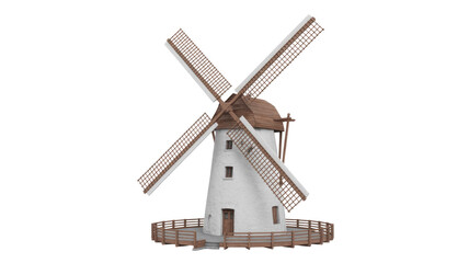 A classic white Dutch-style windmill with four large wooden sails and a brown roof, surrounded by a charming wooden fence. background removed
