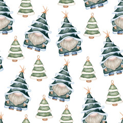 Watercolor Christmas Gnomes and Tree Ornaments Seamless Pattern. Hand-painted, this cozy design is perfect for wrapping paper, fabric prints, gift packaging, greeting cards, seasonal projects