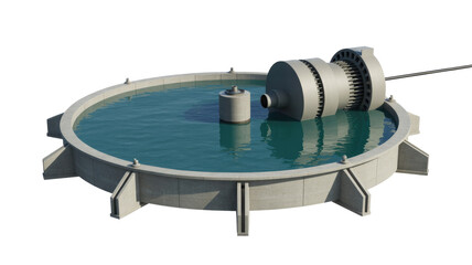 A 3D render of a concrete water treatment basin with a submerged pump or turbine and central pillar, set against a transparent background. background removed