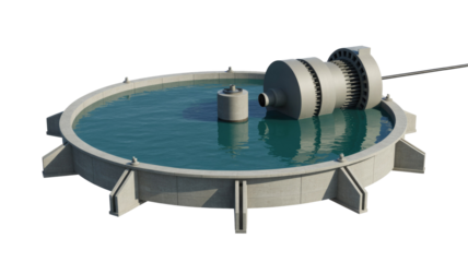 A 3D render of a concrete water treatment basin with a submerged pump or turbine and central pillar, set against a transparent background. background removed
