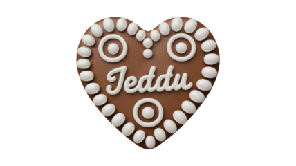 A charming heart-shaped gingerbread cookie, adorned with white icing spelling 'Teddu' and sweet decorative details on a transparent background. background removed