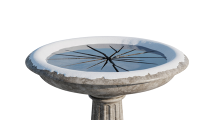An ornate stone birdbath adorned with snow, featuring a beautifully cracked and frozen water surface, set against a transparent background. background removed