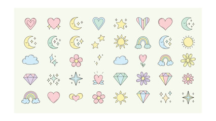 Whimsical Pastel Emblems: A charming collection of hand-drawn pastel emblems featuring hearts, moons, stars, suns, diamonds, and flowers creates a delightful and cheerful feel. 